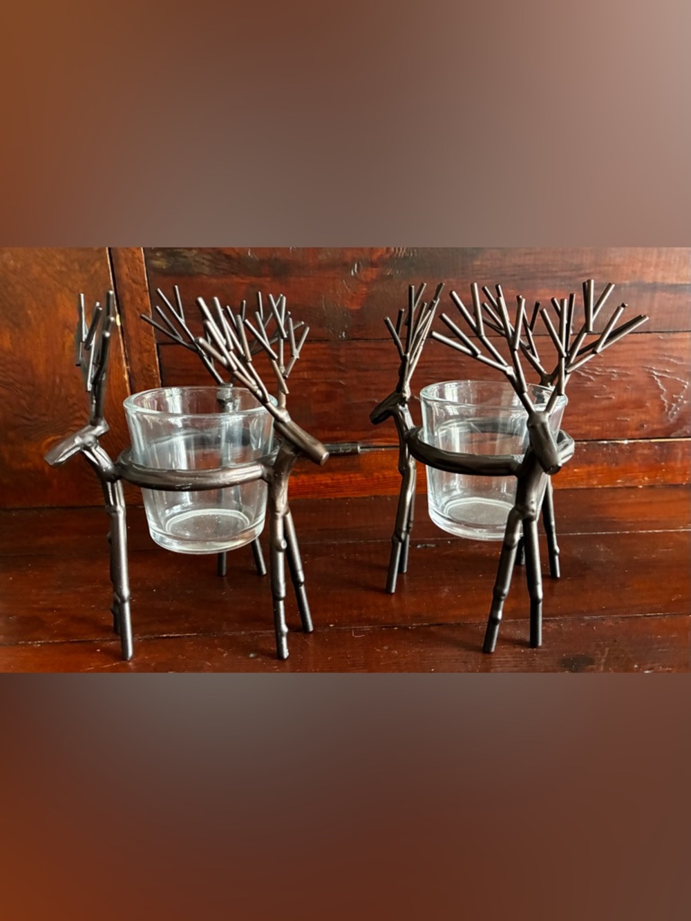 Metal Buck Deer Votive Candle Holders With Glass Cup Copper Finish Set of 2